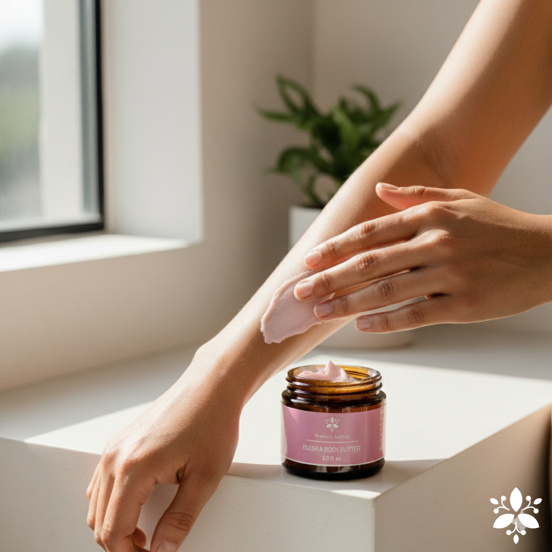 Lifestyle image of Prakriti Sattva Ruksha Body Butter with an amber glass jar of the pink body butter and a hand applying the body butter on another arm.