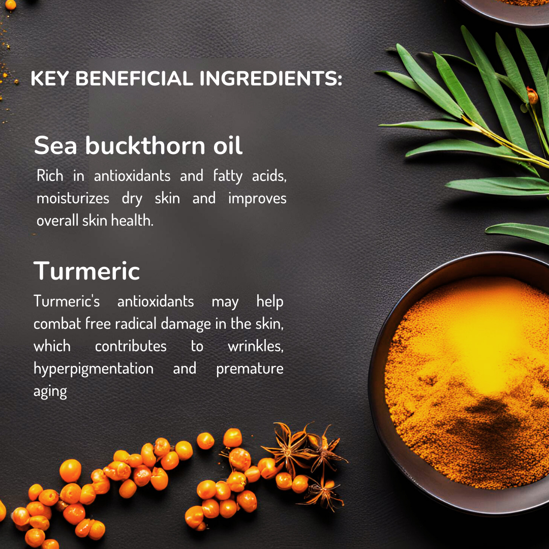 Prakriti Sattva Turmeric Seabuckthorn Facial Moisturizer Key beneficial ingredients listed as Sea buckthorn oil and Turmeric.