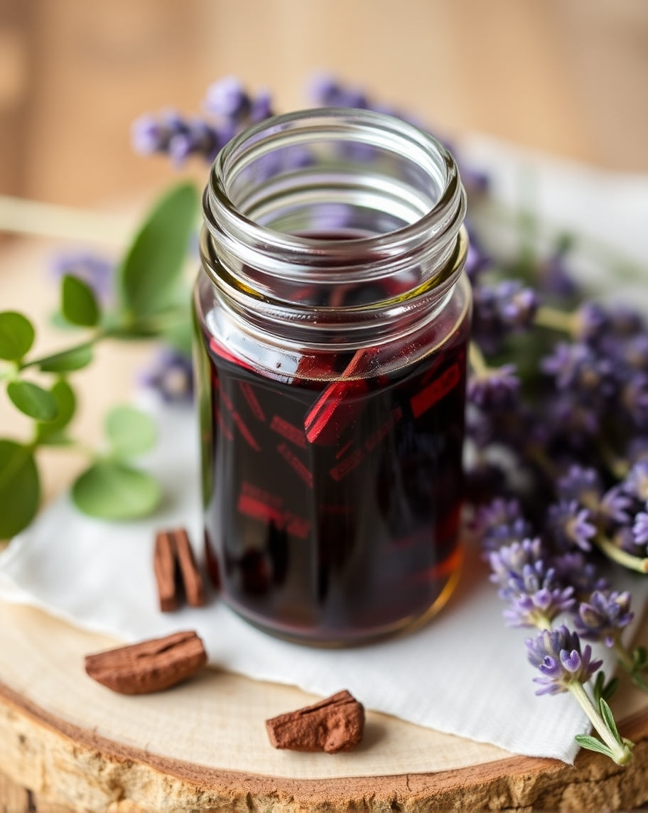 alkanet root ( Ratanjot) infused oil in a small glass jar surrounded by alkanet root pieces and lavender flowers.