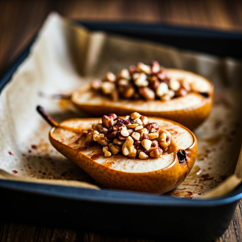 Two caramelized pear halves baked on a lined baking tray, garnished with mixed nuts, ground cinnamon, and a light sprinkling of sugar.