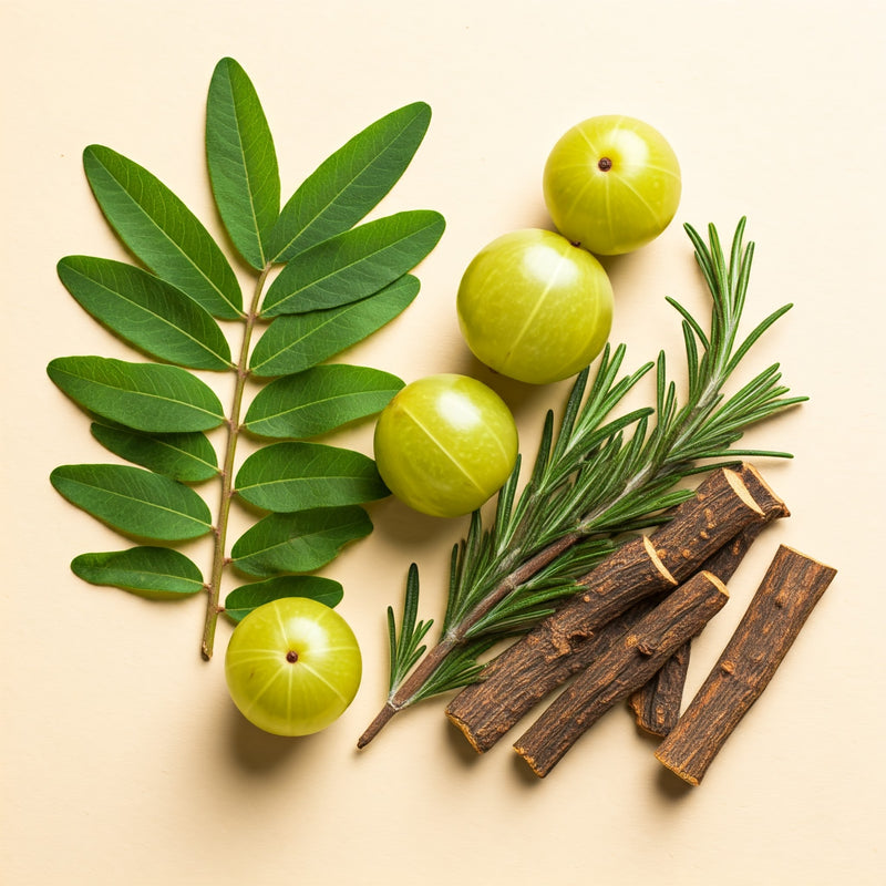 Rosemary leaves, Amla (Indian Gooseberry), Licorice root sticks and Bhringaraj (Eclipta Alba) leaves