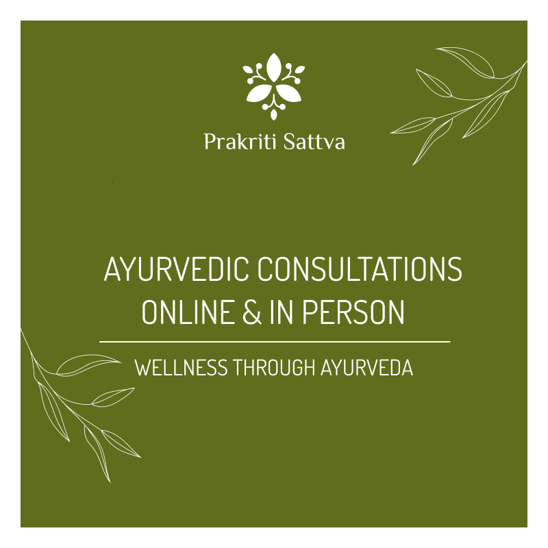 An image with written text saying that online and in-person Ayurveda consulations are available at Prakriti Sattva