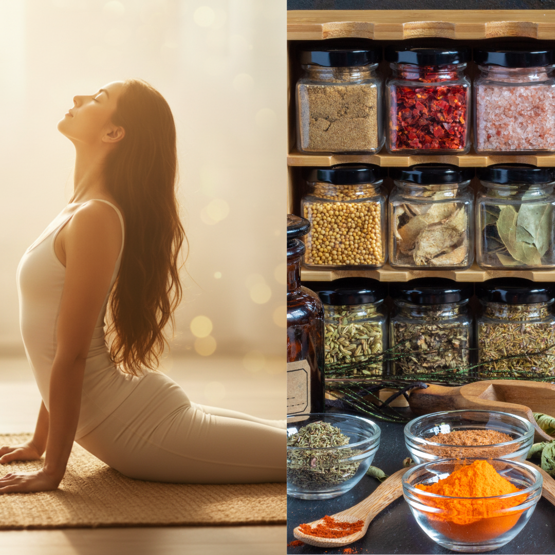 A Morning of Wellness: Yoga & Ayurveda image of a woman in yoga posture and some herbs and spices in jars