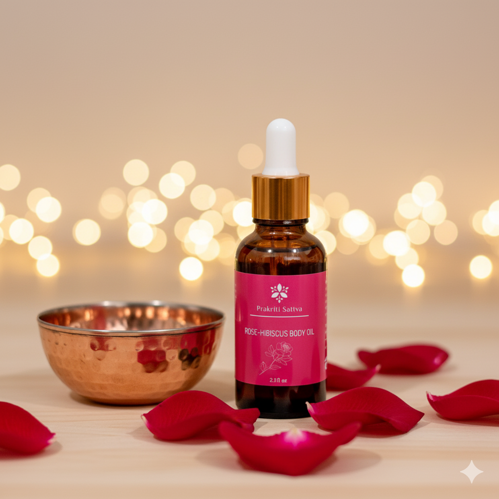 one ounce amber glass dropper bottle with Prakriti Sattva Rose hibiscus ayurvedic body oil for massage