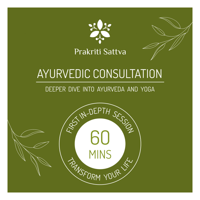 Promotional graphic for Prakriti Sattva Ayurvedic Wellness Consultation on a green background