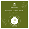 Promotional graphic for Prakriti Sattva Ayurvedic wellness Consultation for thirty minutes with text and leaf designs on a green background.