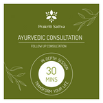 Promotional graphic for Prakriti Sattva Ayurvedic wellness Consultation for thirty minutes with text and leaf designs on a green background.