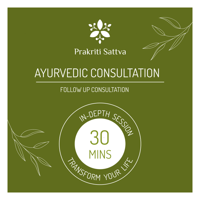 Promotional graphic for Prakriti Sattva Ayurvedic wellness Consultation for thirty minutes with text and leaf designs on a green background.
