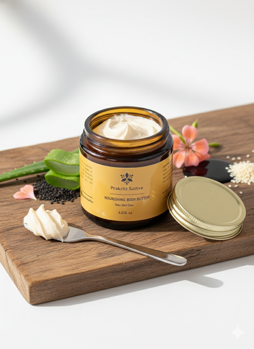 Jar of Prakriti Sattva Nourishing Vata body butter on a wooden board with a spoonful of butter, sliced aloe vera wedges and Geranium flowers.