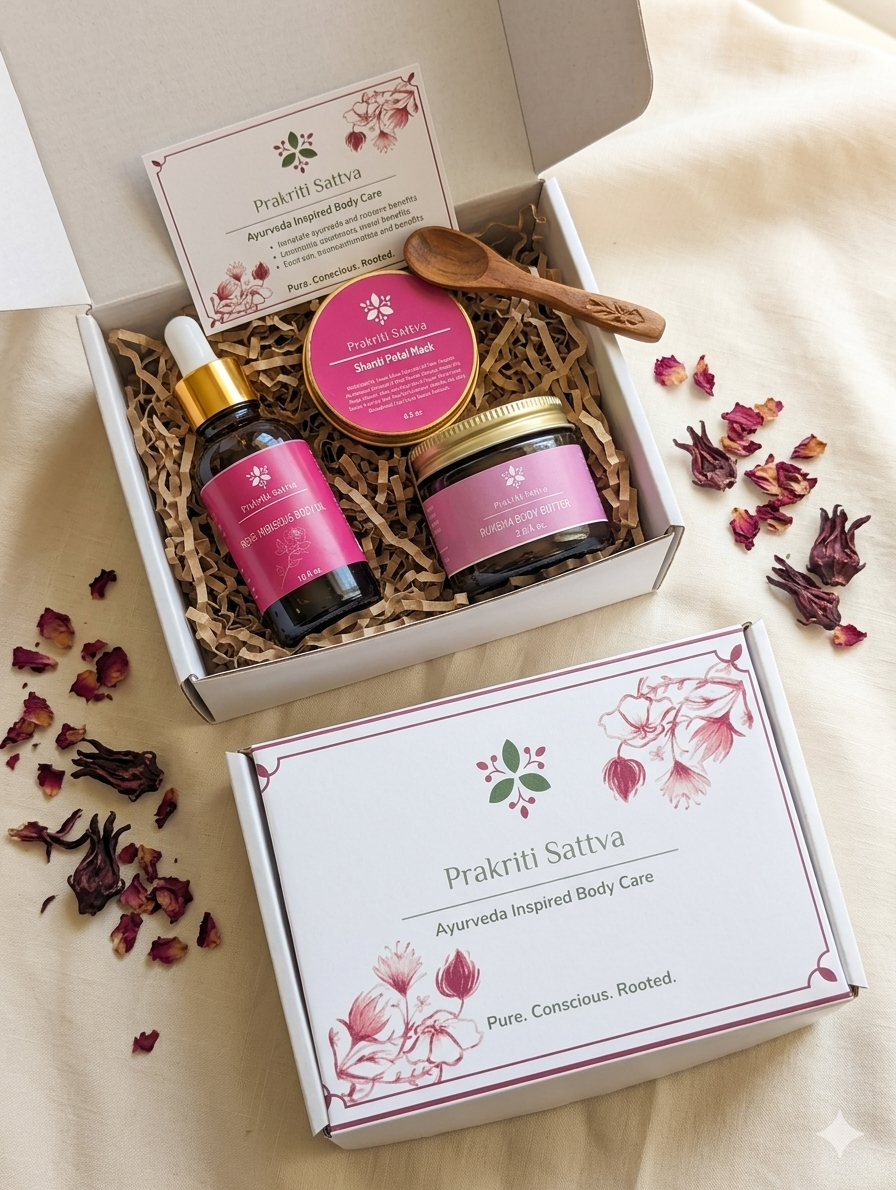 Prakriti Sattva body care gift set products in a box with dried flowers on a beige background