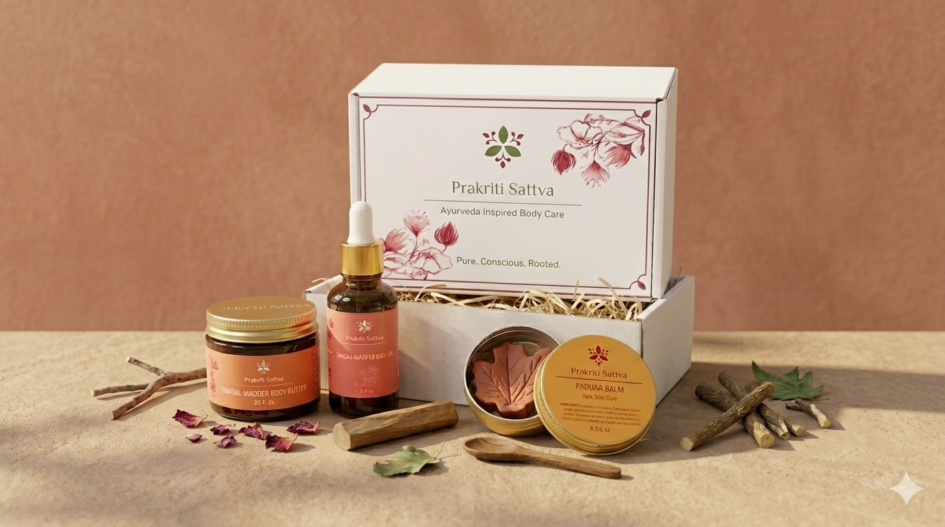 Pakriti Sativa product gift set with foot balm, body butter, body oil, and other items on a beige background