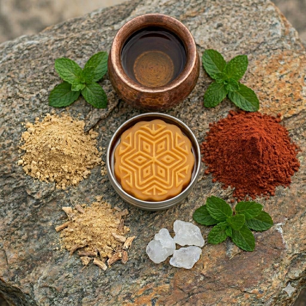 Prakriti Sattva Paduka Intensive repair hand and foot balm in a tin container with a copper bowl containing water and camphor crystals , Indian madder root powder, Indian Sarsaparilla root powder pile on the side on a rock.