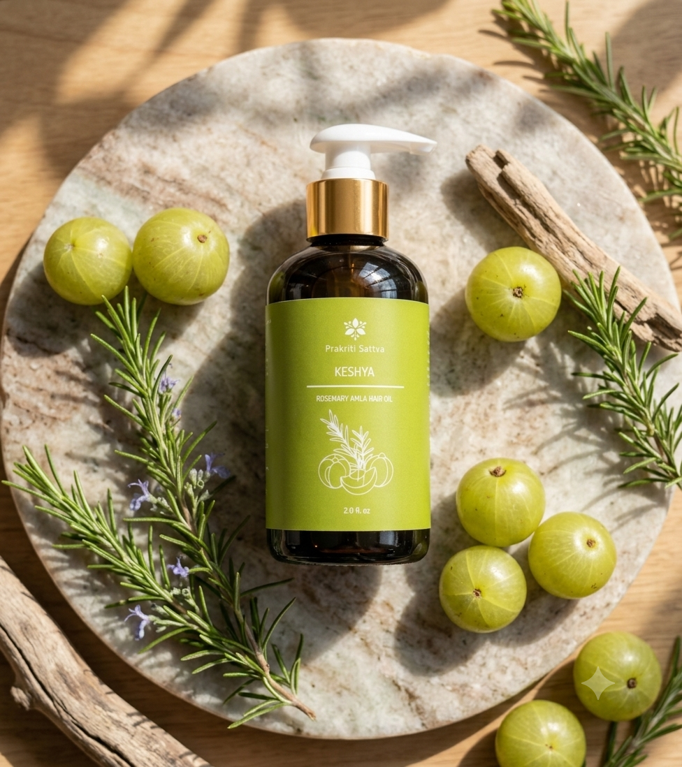 Eight ounce Bottle of Prakriti Sattva Keshya Rosemary Amla Ayurvedic hair oil on a stone plate with green amla fruits and rosemary herb