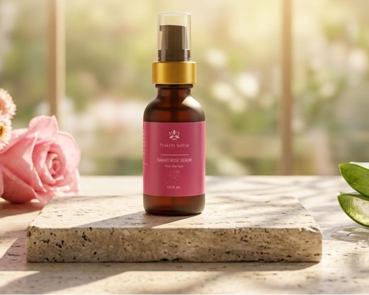 Prakriti Sattva Shanti Rose Serum in an amber glass bottle with pink roses and aloe vera on a wooden surface.