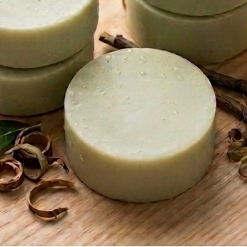 Prakriti Sattva botanical hair care products including shampoo bars and a bottle on a wooden surface.