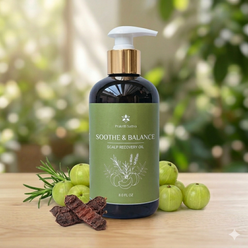 Eight fluid ounce amber pump bottle of Prakriti Sattva 'Soothe & Balance' scalp recovery oil with green Amla fruits, Shikakai pods and rosemary on a wooden surface.