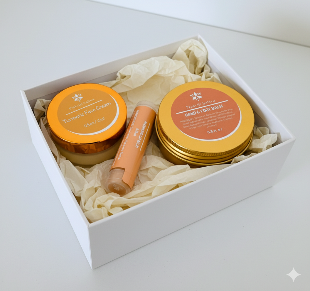 Prakriti Sattva Radiant Rituals Gift Set | Turmeric Face Cream, Hand & Foot Balm, Ayurvedic Lip Balm | Natural Skincare Gift | Self-Care Set