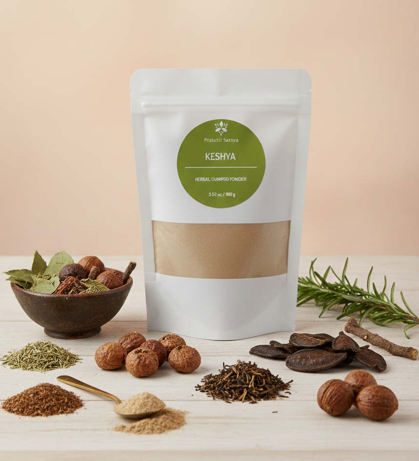 Prakriki Sattva Keshya Ayurvedic herbal Shampoo powder product packaging with ingredients on a wooden surface