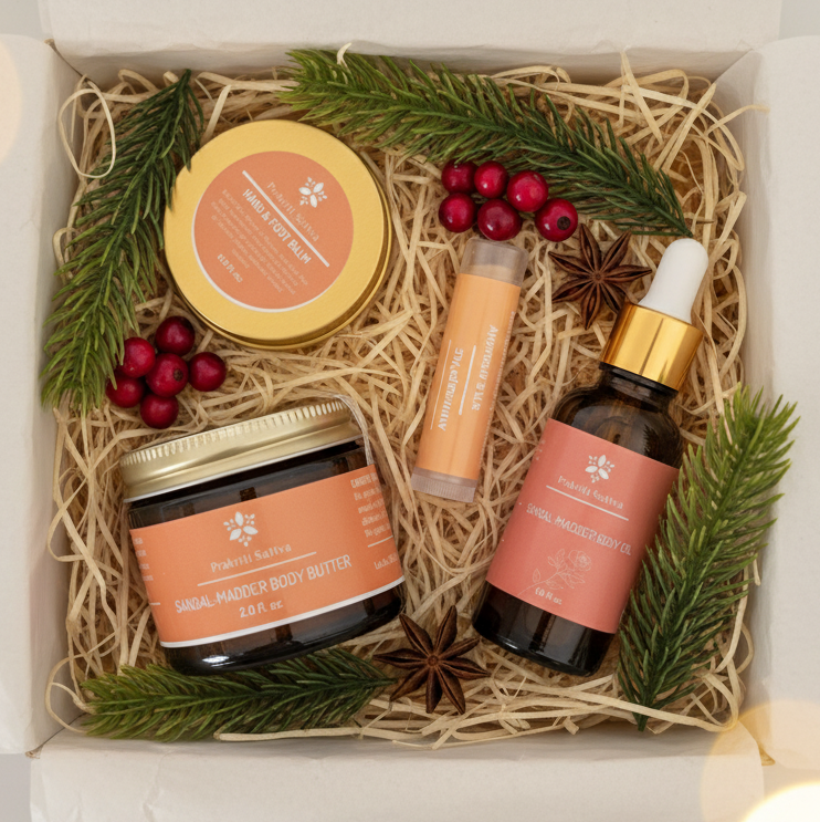 Set of Prakriti Sattva skincare products including a sandal madder body butter jar, sandal madder body oil bottle, and manjistha lip balm in a decorative box with greenery and berries.