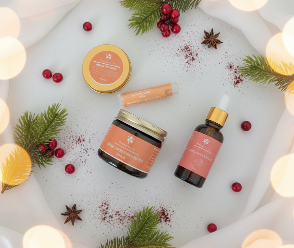 Prakriti Sattva skincare products including a sandal madder body butter jar, sandal madder body oil bottle, and manjistha lip balm in a white background box with greenery and berries.