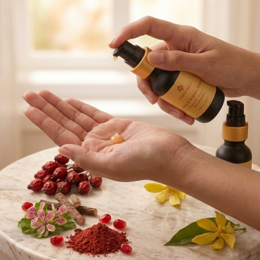 A person's hands are shown holding a small amber bottle of Prakriti Sattva Glow and Balance serum and dispensing a small droplet of golden-yellow gel onto their palm. The bottle has a black body and a gold label.