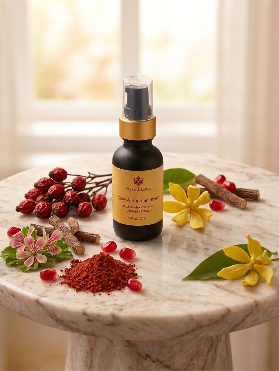 A bottle of Prakriti Sattva Glow & Bighten Serum stands on a marble surface with a small bowl of reddish manjistha (Indian madder root) powder, red rosehip berries, Licorice sticks, and yellow flowers around it.