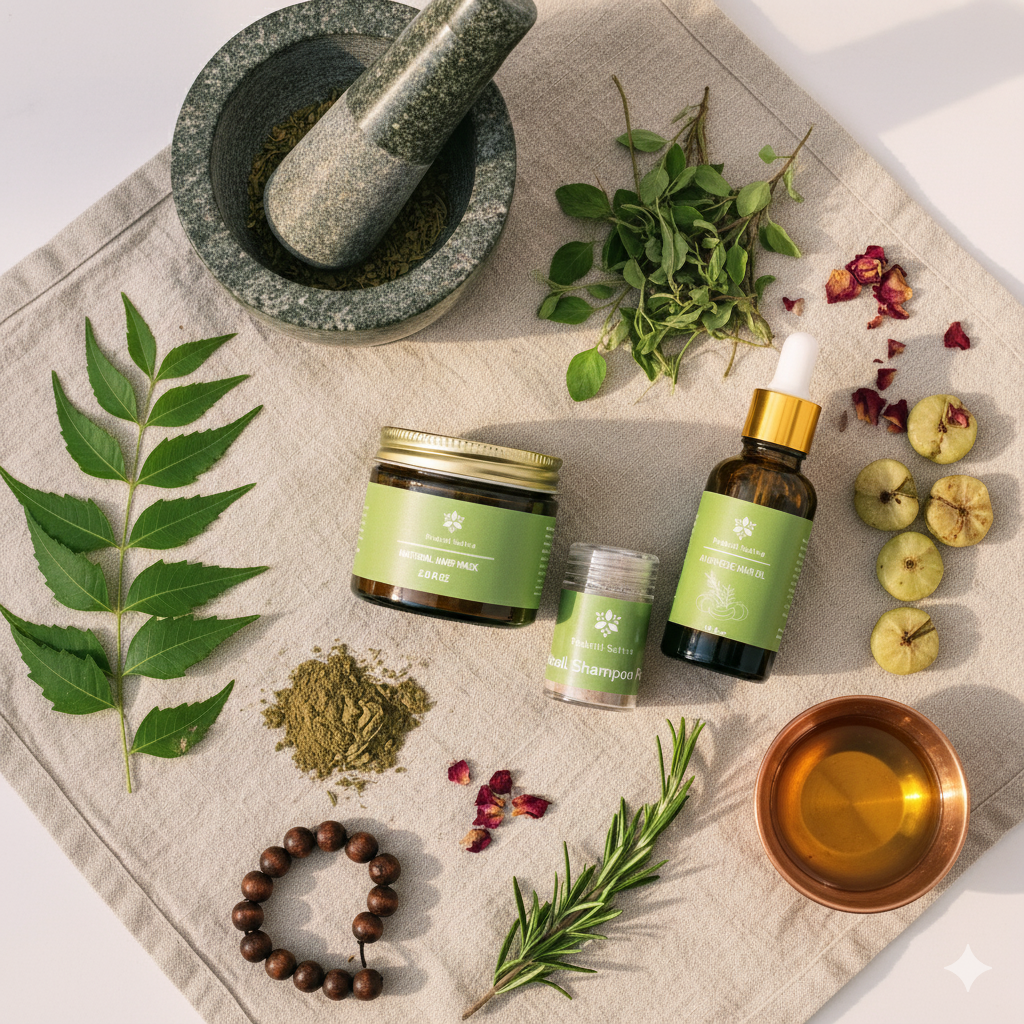 Herbal products including a bottle, jar, and leaves on a textured surface.