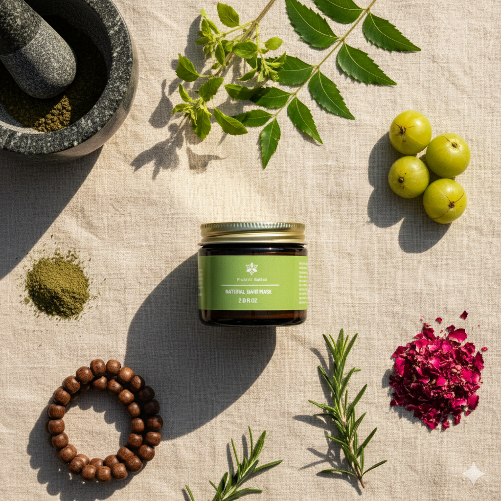 Jar of natural hair mask product with green label, surrounded by herbs, fruits, and a bracelet on a textured surface.