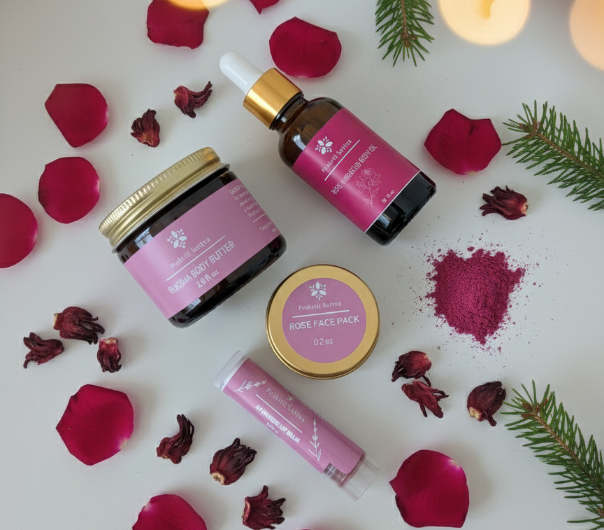Prakriti Sattva Ruksha body butter, Body oil, Rose face pack and lip balm products with pink labels on a white surface with rose petals and hawthorn berries.