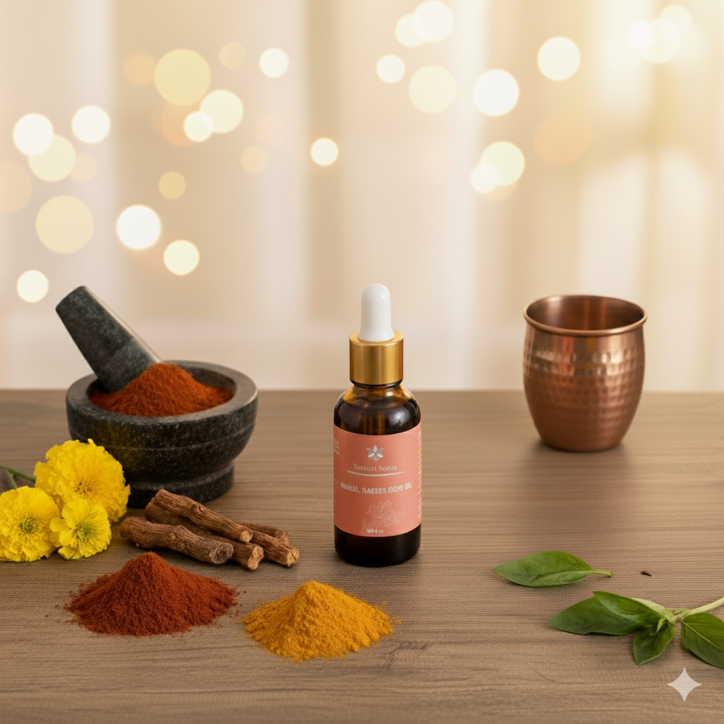 Bottle of Sandalwood Manjistha body oil with natural ingredients on a wooden surface