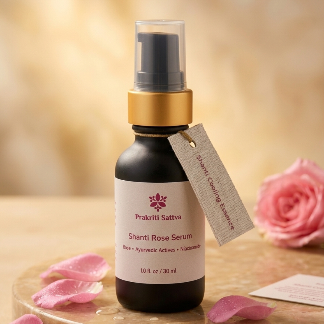 A bottle of Prakriti Sattra Shanti Rose Serum with a gold collar and clear pump top, styled on a wooden surface with pink rose petals and a pink rose in the background.