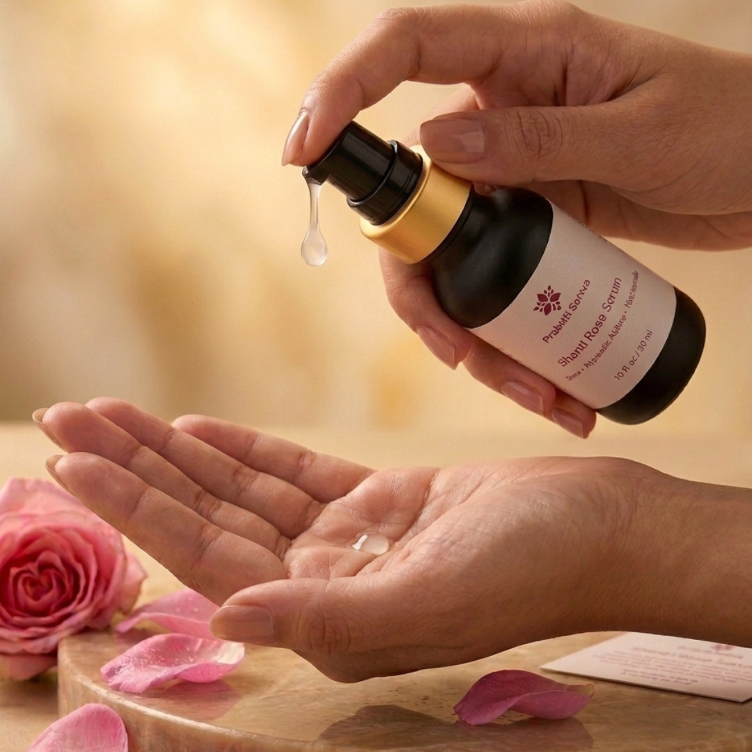A hand holding a small dark bottle with a gold collar and Shanti Rose  Serum label, dispensing a clear gel-like product into another hand. A pink rose and petals sit on a wooden surface in a softly blurred warm background.