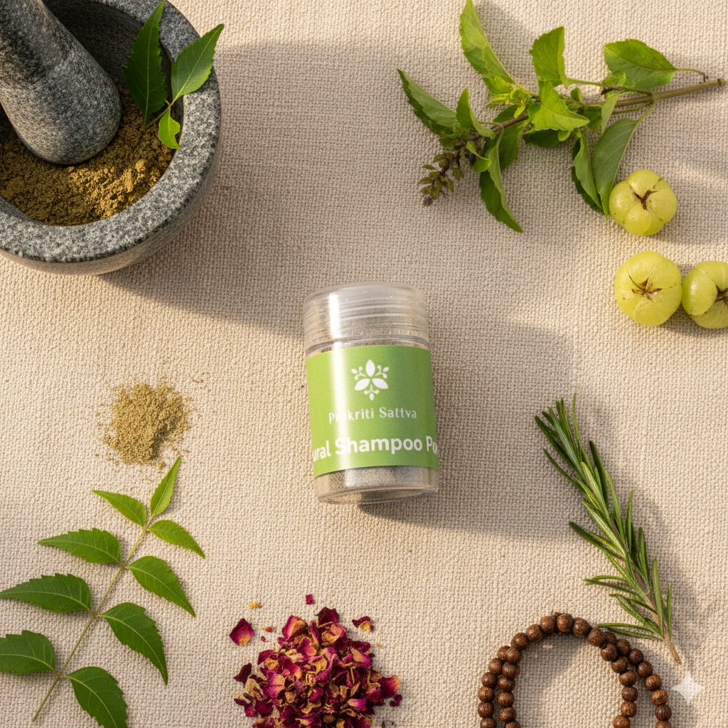 Jar of natural shampoo powder with herbs and fruits on a textured surface