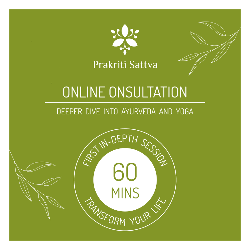 An image for an Ayurvedic consultation, with a focus on holistic health and well-being. The label features the brand name "Prakriti Sattva" and information about the 60-minute online consultation.