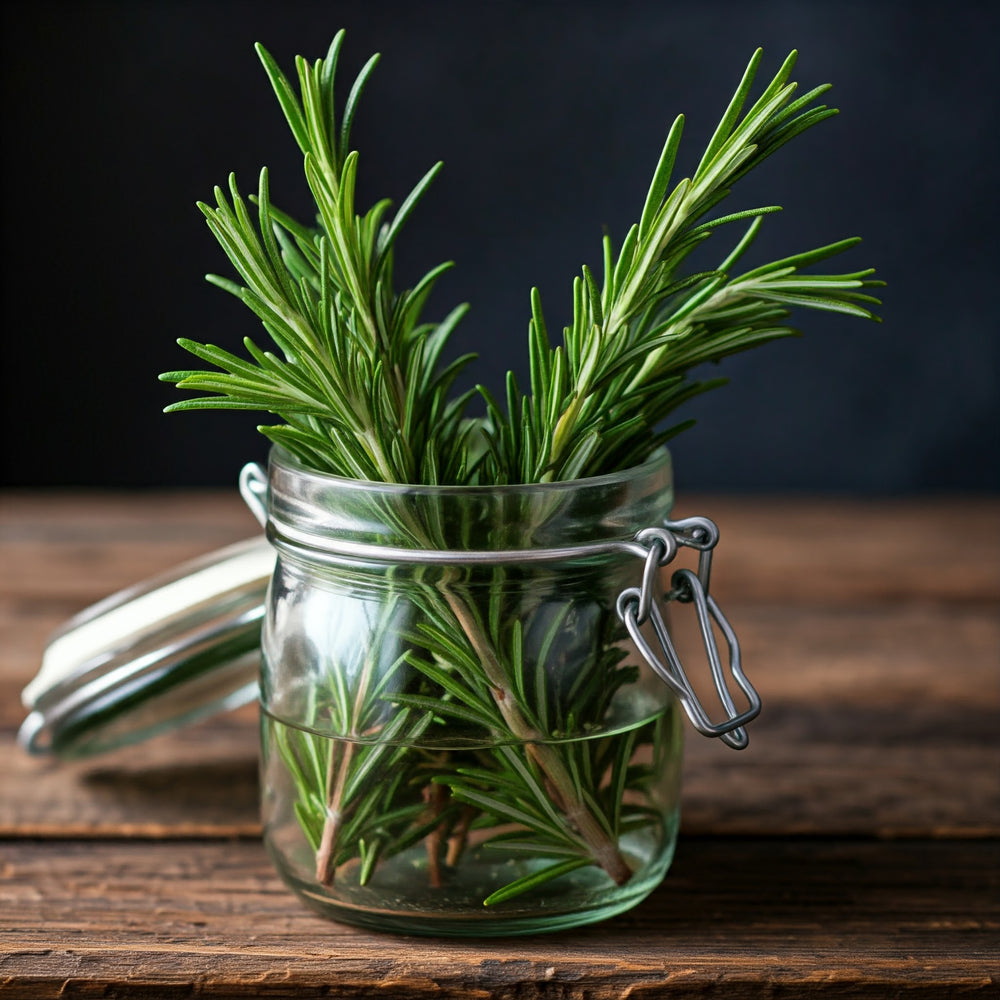 A bunch of Rosemary leaves on stems in water in a glass jar