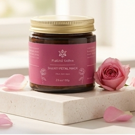Shanti Petal Mask jar with pink roses and petals on a light surface