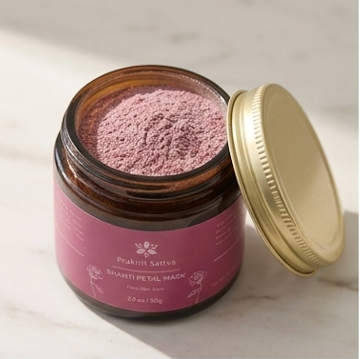 Jar of pink rose face mask powder with a gold lid on a light background