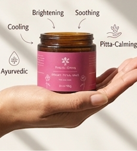 Jar of cream held in a hand with product benefits listed on a neutral background