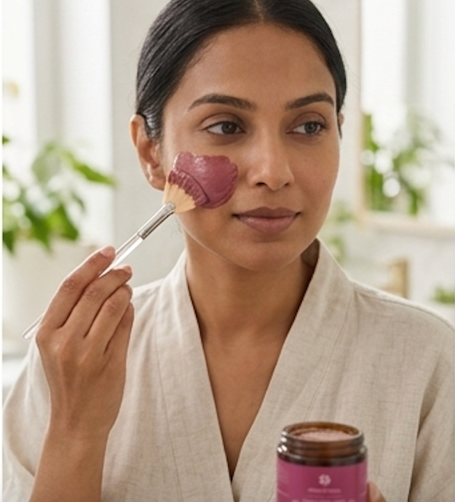 Woman applying a rose facial mask with a brush and a jar of the product in a bright room.