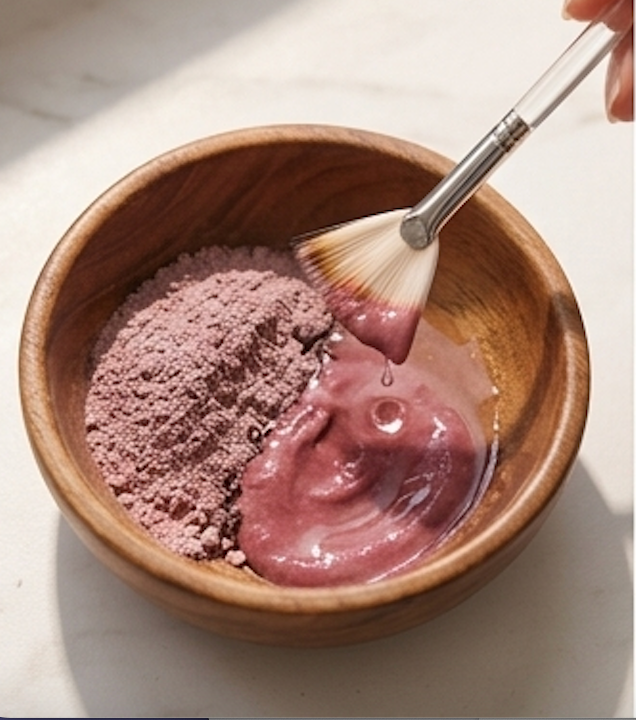 Wooden bowl with pink rose powder and paste, brush dipping into the paste