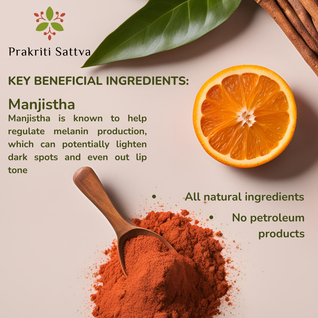 Prakriti Sattva Natural Berry Tinted Lip Balm key beneficial ingredients are listed which their benefits. There is a slice of orange and manjistha powder